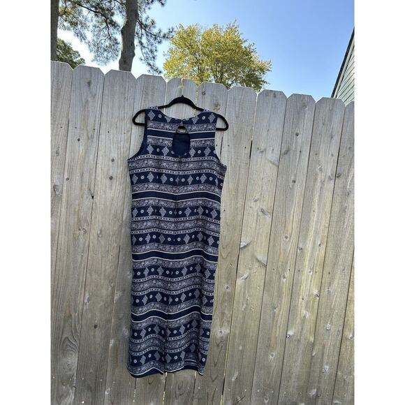 VTG Sunshine Starshine Floral Dress Size 14 Keyhole Back Sleeveless‎ Navy White - Picture 9 of 11